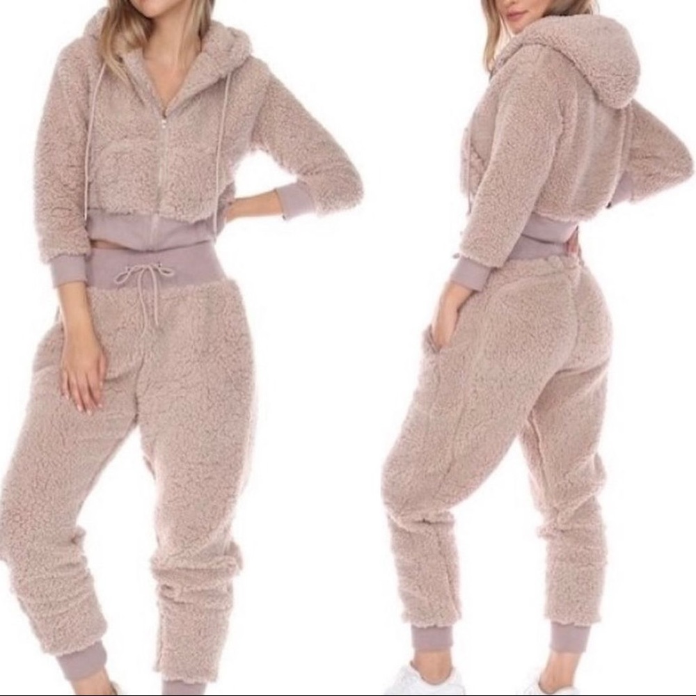 Teddy Bear Zip Up Hoodie & High Waist Joggers - Mocha